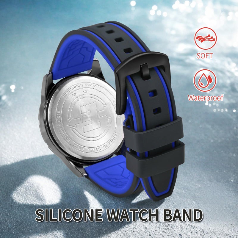 ULLCHRO Silicone Watch Strap Replacement Rubber Watch Band Waterproof Bicolor Men Women - 20, 22, 24, 26mm Watch Bracelet with Brushed Stainless Steel Buckle Black (26mm, black & blue) - Image 2